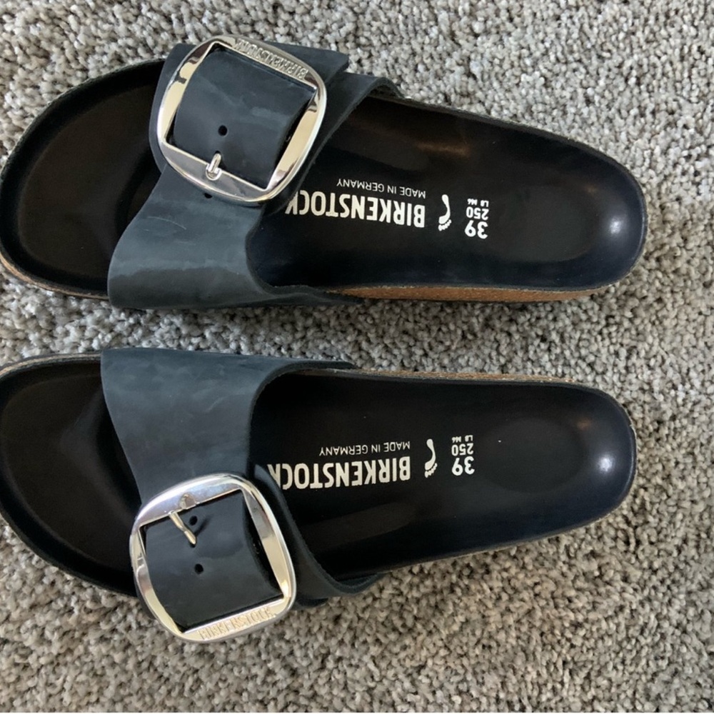 Birkenstock Madrid Big Buckle Slide Sandals Black Nubuck Leather 39 8-8.5